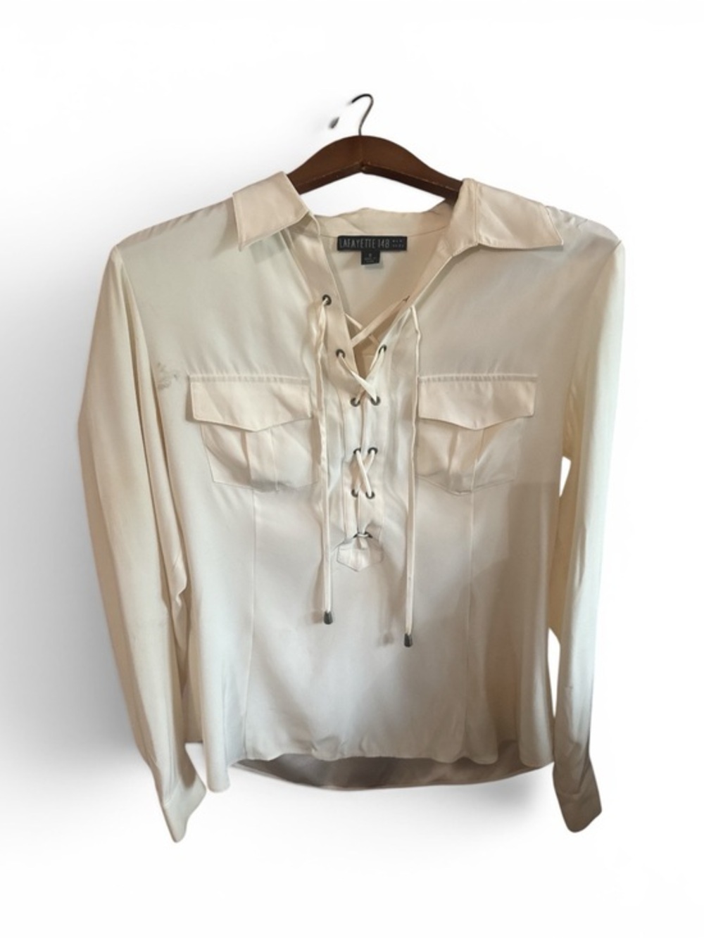 Lafayette 148 New York Cream Lace-Up Utility Blouse 100% Silk Quiet Luxury Top